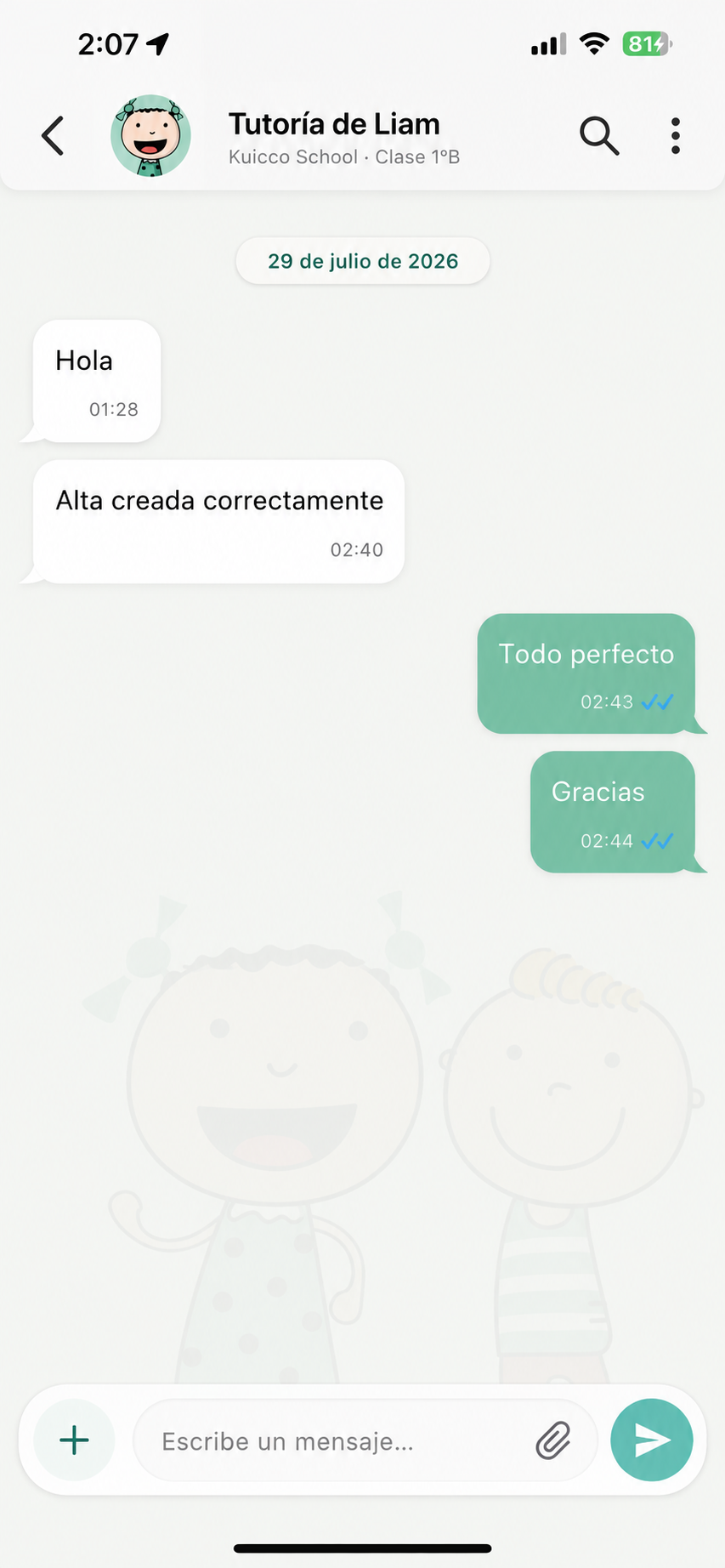 Chat privado entre el centro y una familia
