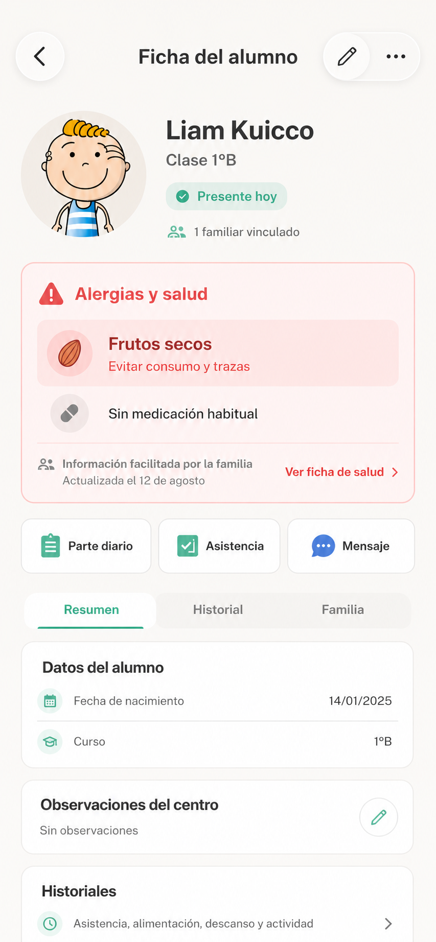 Ficha de alumno con salud, asistencia e historial