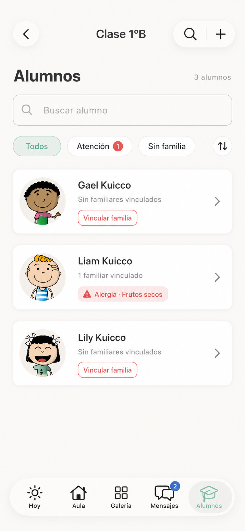 Gestión de alumnos y vinculación de familiares